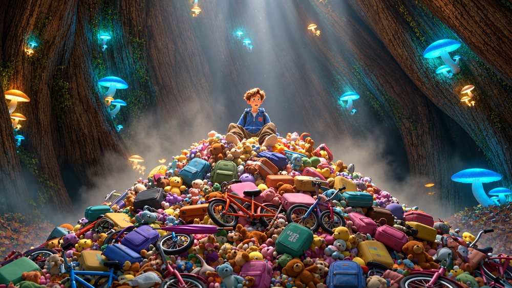 AI edit: glowing mushrooms instead of flowers, toys bright and candy-colored