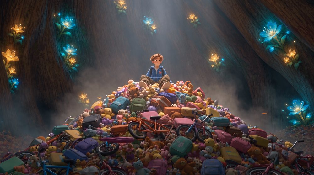 Reference: a boy on a pile of toys in a forest with glowing flowers, soft dusty color