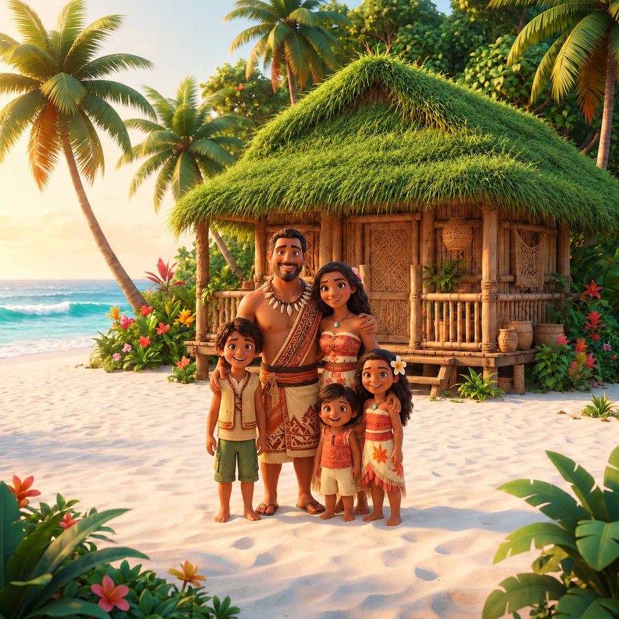 The AI edit: a new hut, but the children's faces, clothes and patterns redrawn and smudged